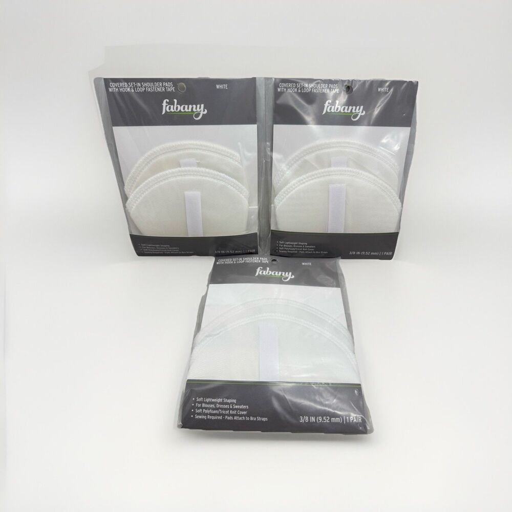 3 Pair Fabany White Covered Set In Shoulder Pads 3/8 inch with Hook Loop Tape